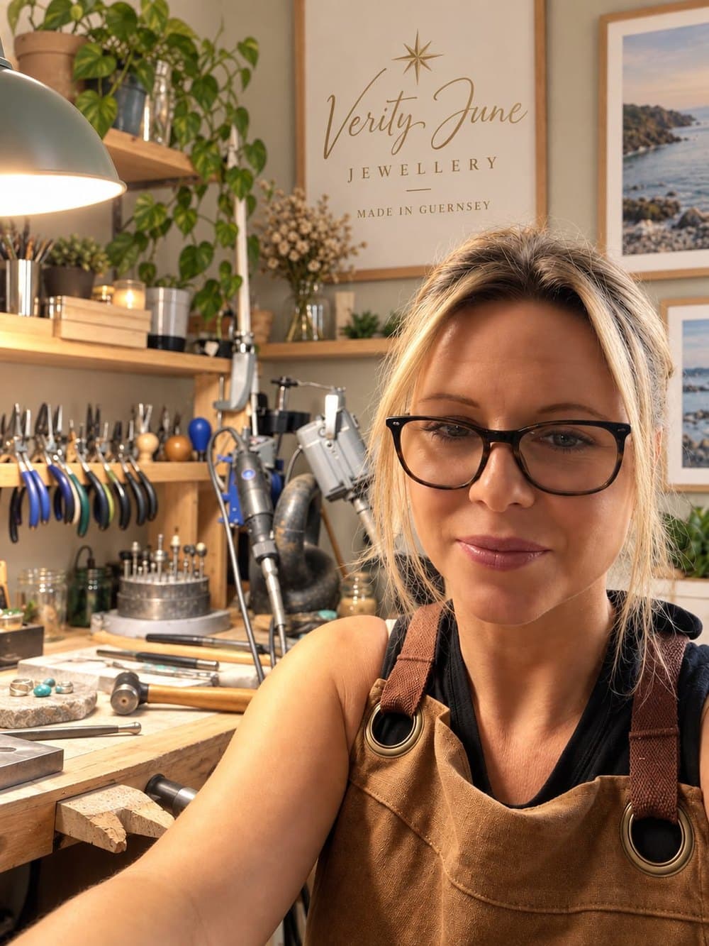 Verity at her workbench in Guernsey, with pliers and hammers on the shelves behind her and her logo on the wall.