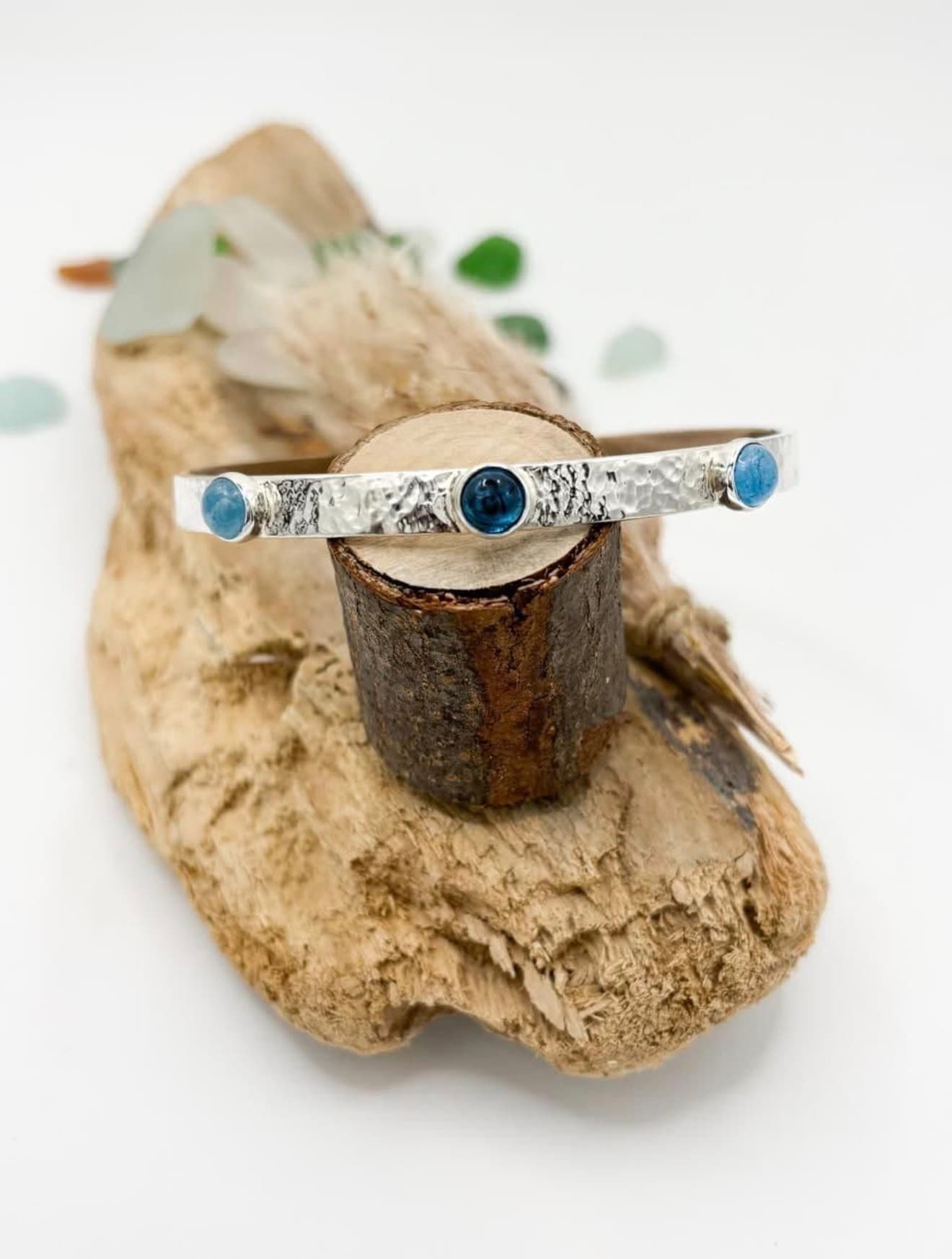 Blue Stone Hammered Silver Bangle